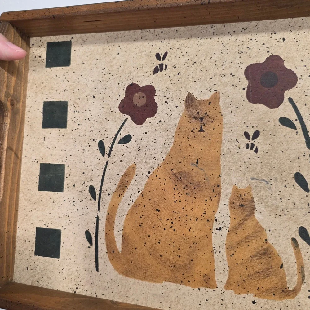 Vintage Primitive Folk Art Wooden Cat Serving Tray Farmhouse Decor Hand Painted